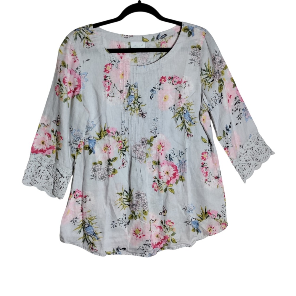 J. Jill Love Linen Floral Bird Print Pintuck Crochet Lace Sleeve Top Gray Medium